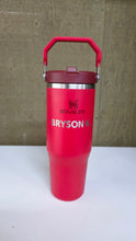 Load image into Gallery viewer, Red Stanley water tumbler laser engraved with names in silver. Tumbler with handle