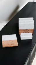 Load image into Gallery viewer, Personalized White Marble and Wood Coasters with Base