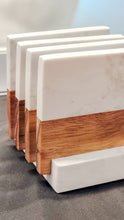 Load image into Gallery viewer, Personalized White Marble and Wood Coasters with Base