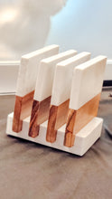 Load image into Gallery viewer, Personalized White Marble and Wood Coasters with Base
