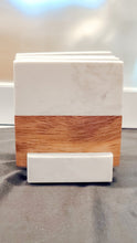 Load image into Gallery viewer, Personalized White Marble and Wood Coasters with Base