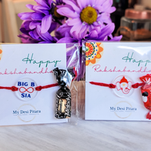Load image into Gallery viewer, Infinity Band rakhi tied on wrist showing personalized name detail