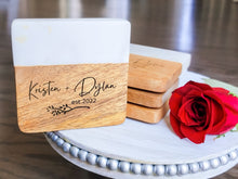 Load image into Gallery viewer, Personalized White Marble and Wood Coasters with Base