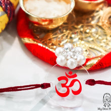 Load image into Gallery viewer, Om ॐ acrylic rakhi with clear pendant and thread bracelet for Raksha Bandhan