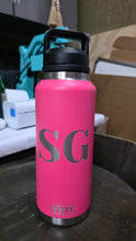 Load image into Gallery viewer, Pink water bottle with black lid engraved with initials
