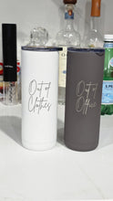 Load image into Gallery viewer, Grey and White straw tumblers engraved with names used on vacation for milestone anniversary gifts
