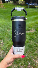 Load image into Gallery viewer, Black stanley tumbler with handle, engraved with name in silver

