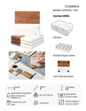 Load image into Gallery viewer, Personalized White Marble and Wood Coasters with Base
